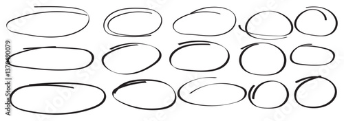 Hand drawn circle highlighter line sketch set. Red circle, pen draw. Vector marker circular lines, doodle round circles for message note mark design element. Different circles vector illustration