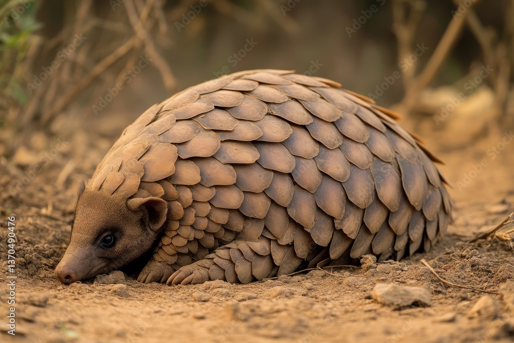 Unique pangolin rests quietly on earthy ground in a natural habitat during daylight hours Unique pangolin rests quietly on earthy ground in a natural habitat during daylight hours