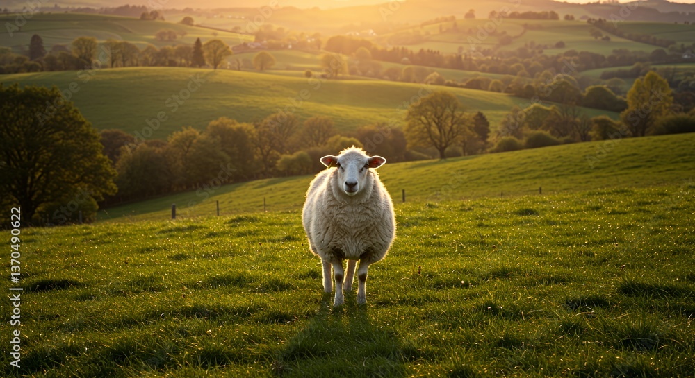 Naklejka premium Sheep in a sunlit countryside pasture at sunset.