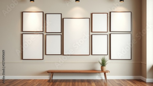 Minimalist Interior with Eight Empty Picture Frames and Wooden Bench