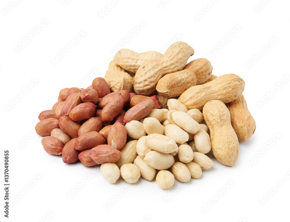 Pile of different peanuts isolated on white Pile of different peanuts isolated on white