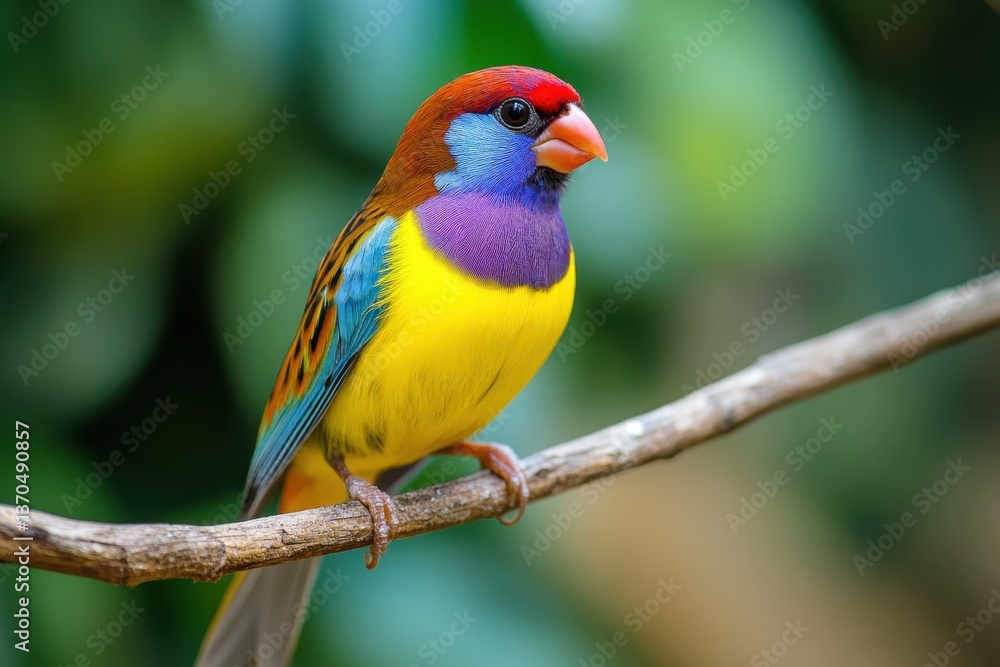 Vibrant bird perched on a branch in a lush environment with colorful feathers and striking features Vibrant bird perched on a branch in a lush environment with colorful feathers and striking features