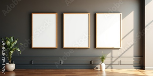 Modern Minimalist Interior with Three Empty Frames and Plants