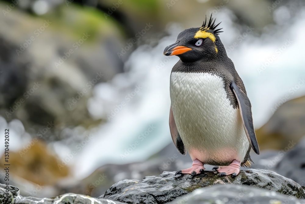 Fototapeta premium Penguin perched on rocky shore near ocean waves on a cloudy day in an Antarctic landscape