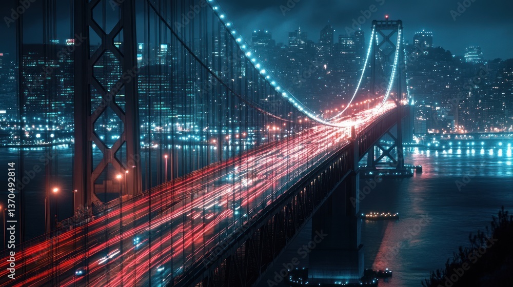 Obraz premium Dramatic city bridge at night illuminated by vibrant traffic trails and lights