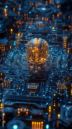 A glowing brain-shaped circuit sits at the center of a complex electronic motherboard.  Intricate circuitry surrounds it, illuminating the scene with warm and cool light