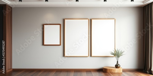 Modern minimalist interior design featuring three blank picture frames on a light grey wall above a wooden floor