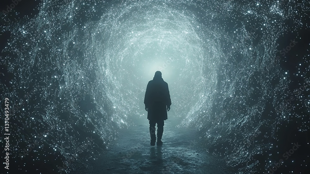 Fototapeta premium A lone figure walks towards a luminous, swirling tunnel, possibly representing a journey into the unknown or a transition between realms