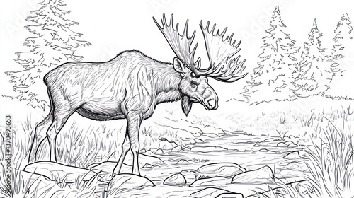 Wallpaper Mural Moose by a Creek, Wildlife Sketch, Nature Scene, Coloring Page Torontodigital.ca