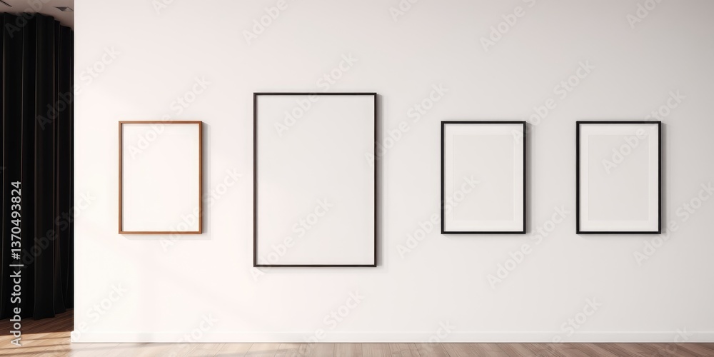 Empty picture frames on a white wall in a minimalist room Empty picture frames on a white wall in a minimalist room