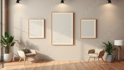 Modern Minimalist Living Room with Empty Picture Frames and Natural Light