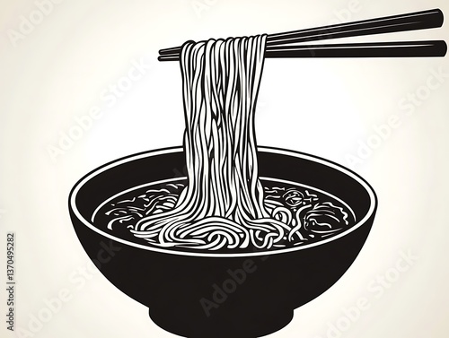 Chopsticks lifting noodles from a bowl of soup.