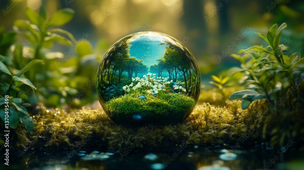 Glass Sphere Miniature World Reflecting Lush Forest Glass Sphere Miniature World Reflecting Lush Forest