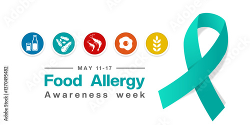 Food Allergy Awareness Week. Milk, peanut, shrimp, egg, wheat and ribbon. Great for posters, banners, social media and more. White background.