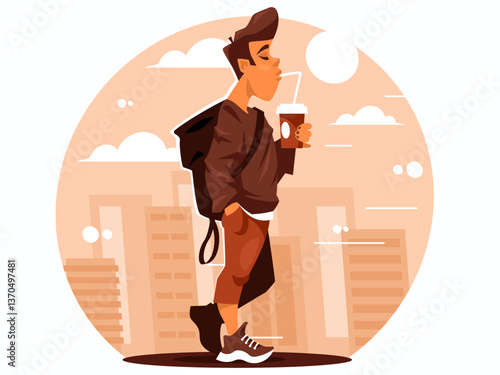 Student drinking soda. Young man holding paper cup with cola and walking down the street