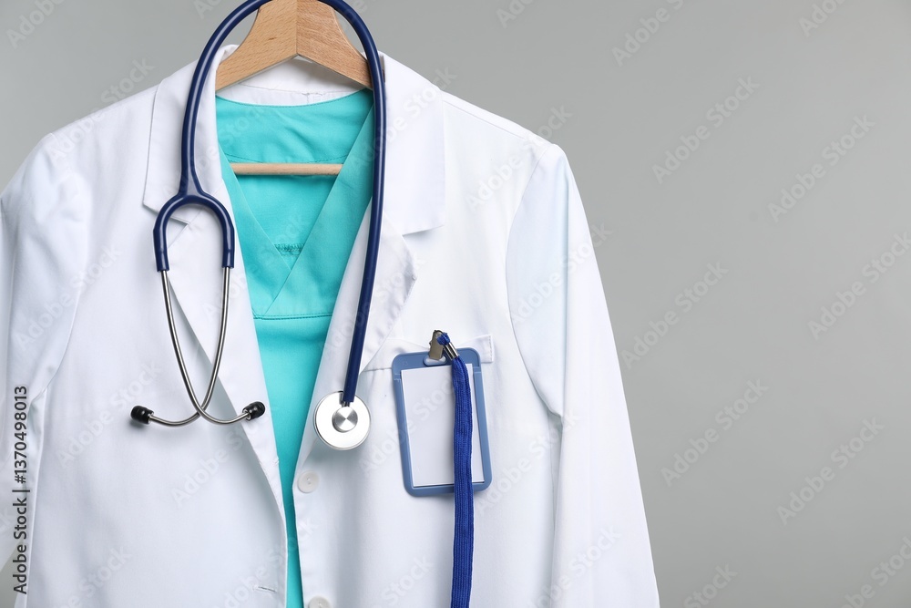 Doctor's coat with stethoscope and badge on hanger against grey background Doctor's coat with stethoscope and badge on hanger against grey background