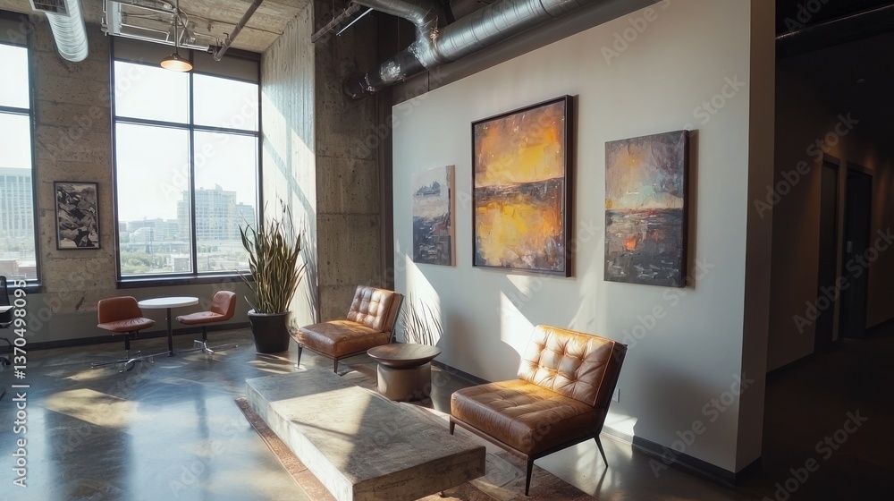 A trendy office with curated artwork, comfortable seating, and ambient lighting A trendy office with curated artwork, comfortable seating, and ambient lighting