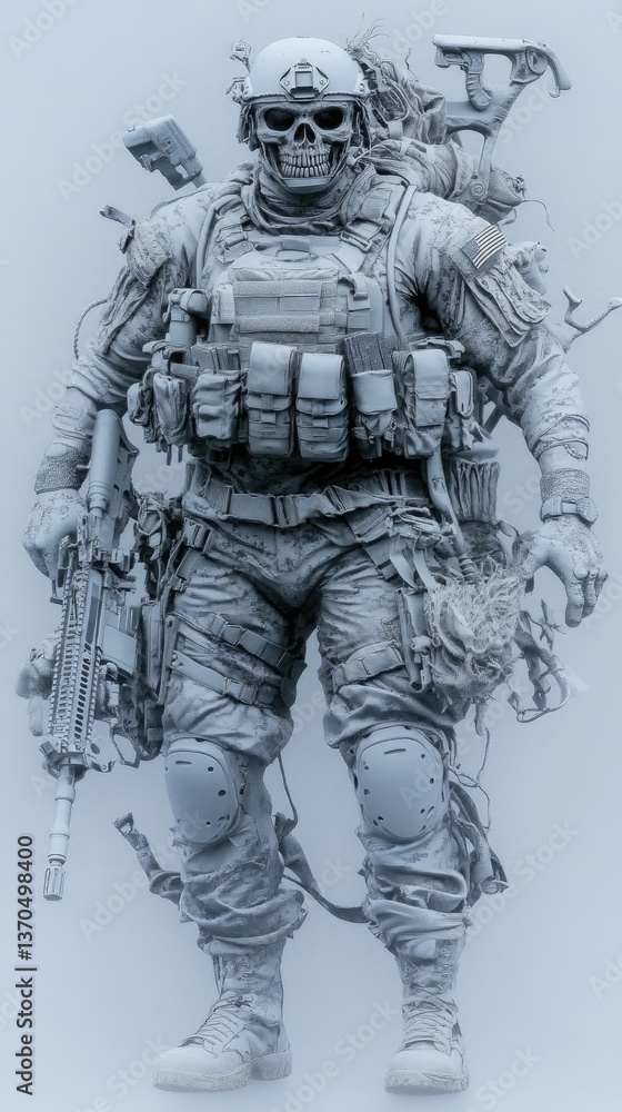 Detailed, monochromatic soldier with extensive gear stands tall. Intense focus and powerful presence Detailed, monochromatic soldier with extensive gear stands tall. Intense focus and powerful presence