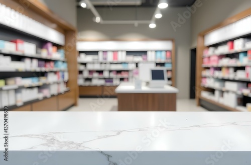 Empty white marble counter top with blur pharmacy drugstore shelves background 