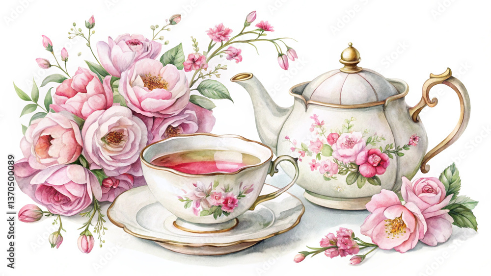 Fototapeta premium Watercolor Teacup and Teapot with Pink Roses and Cherry Blossoms