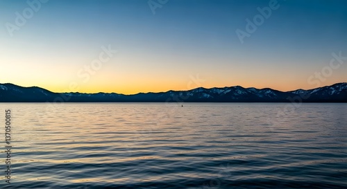 A peaceful sunset over Lake Tahoe, with smooth water, surrounding pine forests, and snow-covered peaks in the distance, AI Generated