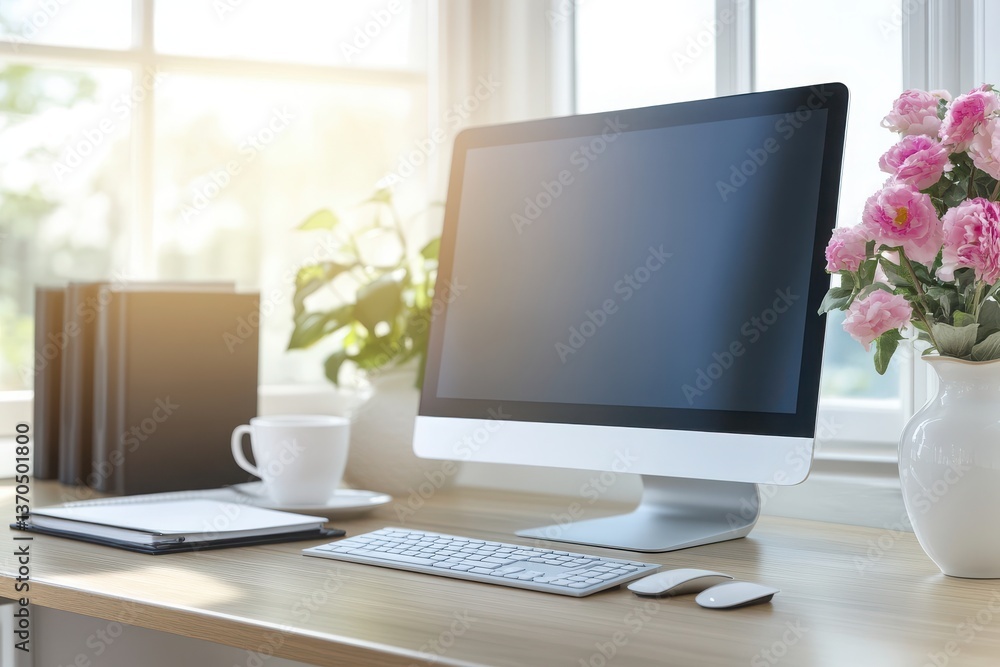 A modern computer setup on a light wood desk with a white keyboard, mouse, and accessories creating a calm and professional workspace ambiance A modern computer setup on a light wood desk with a white keyboard, mouse, and accessories creating a calm and professional workspace ambiance