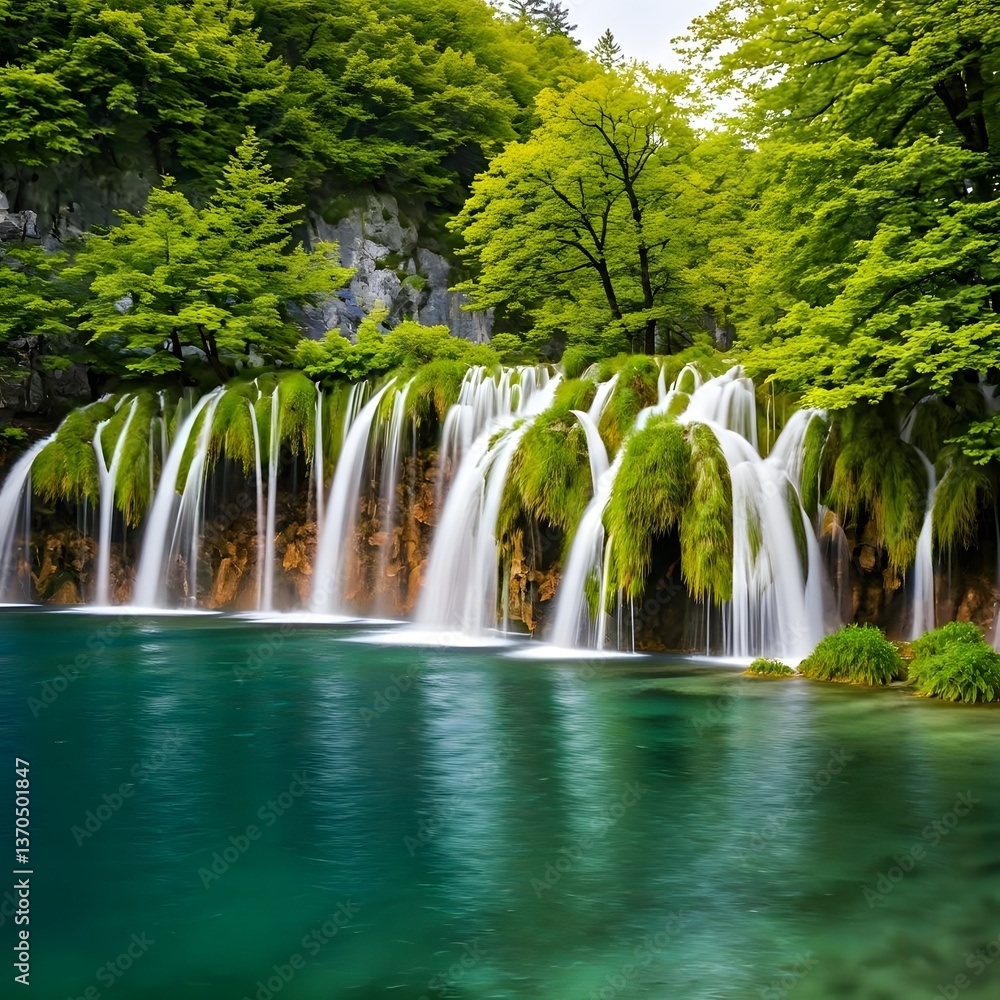 Obraz premium A serene view of the Plitvice Lakes National Park in Croatia, with cascading waterfalls, crystal-clear blue lakes, and lush greenery, AI Generated