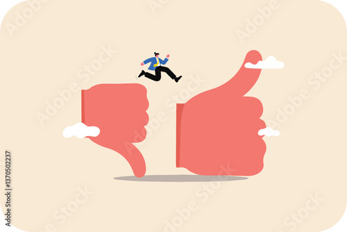 Leaping from Dislike to Like: Overcoming Negativity, Vector Illustration of Positive Change and Improvement in a Modern, Stylized Design.