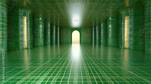 Green tiled hallway with columns and archway in the distance. Emerald city.