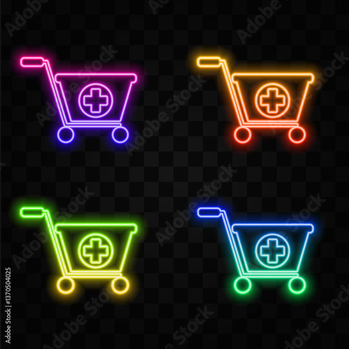 Glowing neon line Add to Shopping cart icon isolated on brick wall background. Online buying concept. Delivery service sign. Supermarket basket symbol. Colorful outline concept. Vector