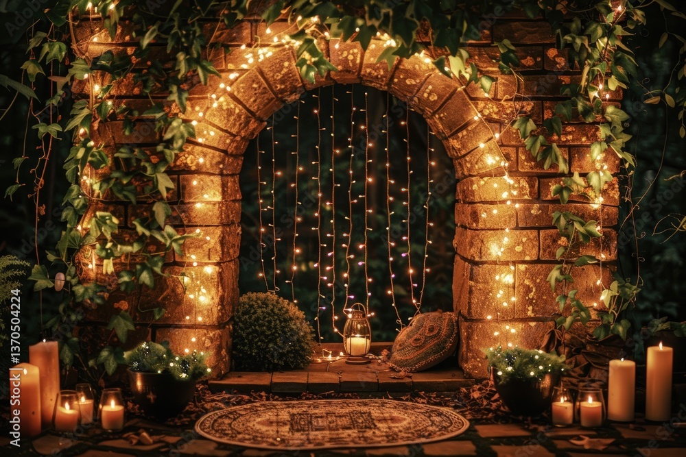 Fototapeta premium A beautifully lit stone archway adorned with greenery, candles, and fairy lights, creating a cozy and enchanting atmosphere.