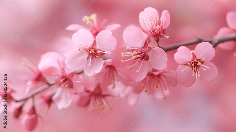 Naklejka premium Delicate pink cherry blossoms bloom abundantly on a branch in sptime showcasing vibrant petals and soft textures.