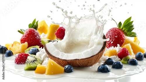 Fototapeta Naklejka Na Ścianę i Meble -  Creamy Coconut Milk Splashing Over Bright Tropical Fruits, Isolated on a White Background