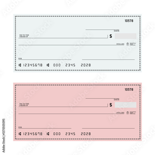 Two vector templates of bank checks in different colors. Templates to fill out. Example of bank checks