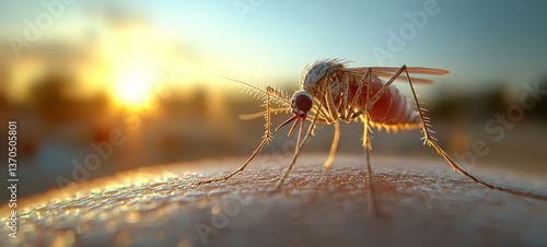 Wallpaper Mural detailed close up of mosquito perched skin, showcasing its intricate features and textures against beautiful sunset backdrop. image evokes sense of nature beauty and delicate balance of ecosystems Torontodigital.ca