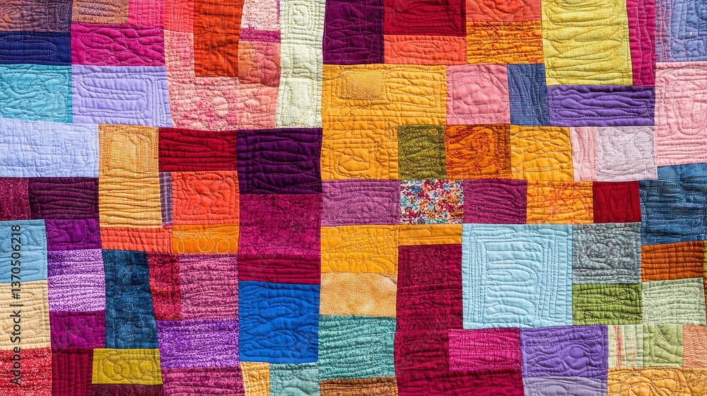A quilt made of multi-colored fabric patches, creating a stunning, vibrant composition A quilt made of multi-colored fabric patches, creating a stunning, vibrant composition