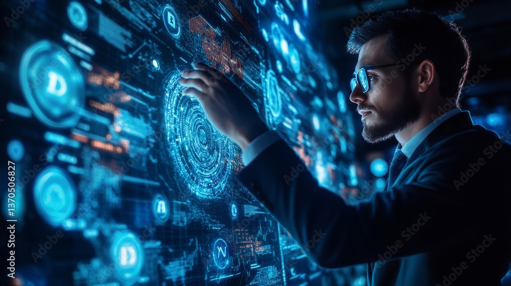 businessman finger touch virtual screen, NFT token digital crypto art blockchain technology concept. businessman finger touch virtual screen, NFT token digital crypto art blockchain technology concept.