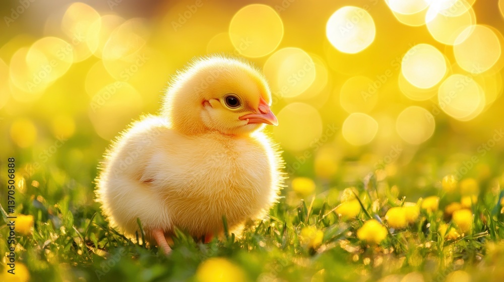 A fluffy yellow baby chick standing peacefully in green grass and flowers A fluffy yellow baby chick standing peacefully in green grass and flowers