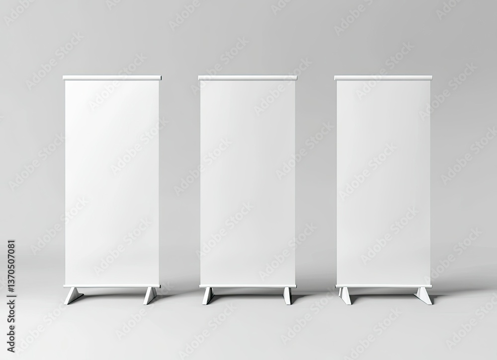 Three Blank White Roll Up Banners Mockups for Advertising Design Three Blank White Roll Up Banners Mockups for Advertising Design