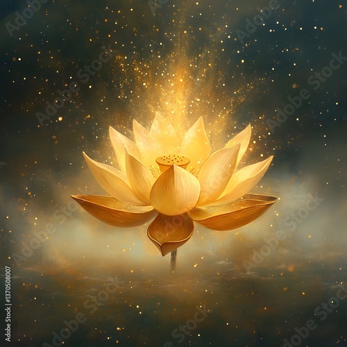 Golden Lotus Flower Radiating Light in Mystic Pond
