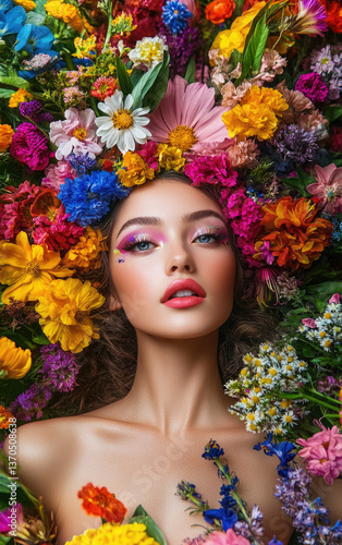 A beautiful woman with colorful flowers in her hair, surrounded by vibrant wildflowers.