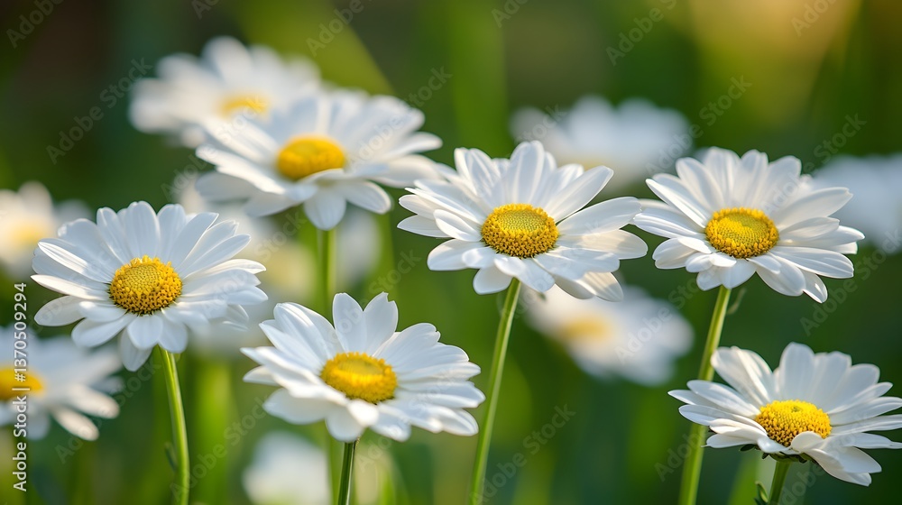 Fototapeta premium A cluster of pristine white daisies with vibrant yellow centers basks in the warm sunlight of a summer meadow.