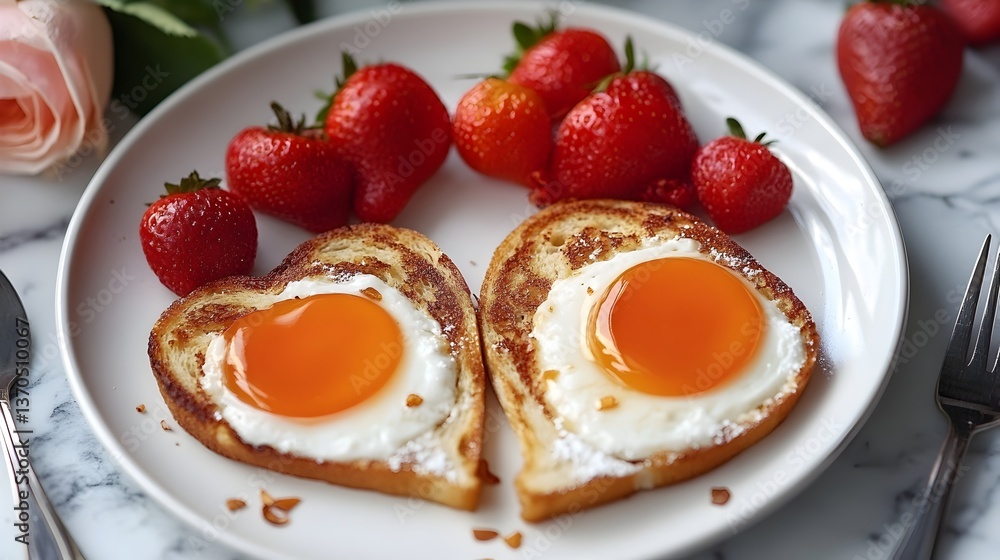 Romantic heart-shaped fried eggs served on toast with fresh strawberries for a delightful Valentine's Day breakfast. Romantic heart-shaped fried eggs served on toast with fresh strawberries for a delightful Valentine's Day breakfast.