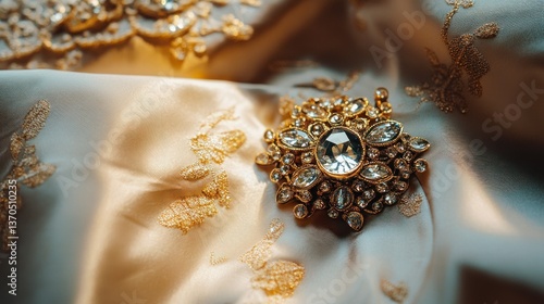 Golden broach with sparkling jewels adorns silken cloth elegantly