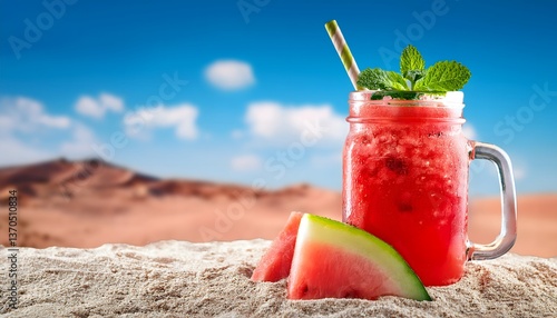 Watermelon Slushie_A frozen, icy drink made from fresh watermelon, served in a mason jar with a colorful straw and mint garnish on blue sky and desert in backdrop