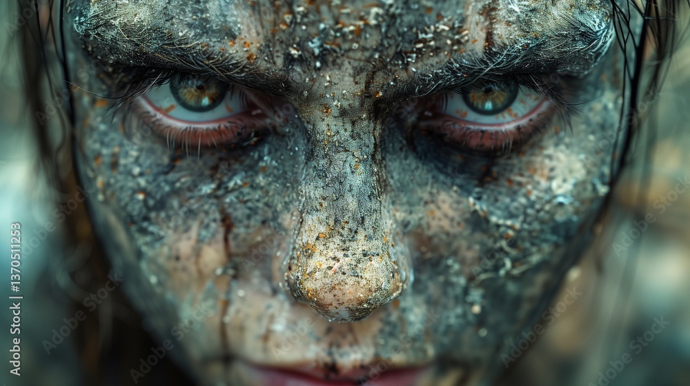 An intense close-up of a face covered in dust and dirt, with piercing eyes conveying resilience and determination, set against a muted backdrop that emphasizes the ruggedness and raw emotion An intense close-up of a face covered in dust and dirt, with piercing eyes conveying resilience and determination, set against a muted backdrop that emphasizes the ruggedness and raw emotion