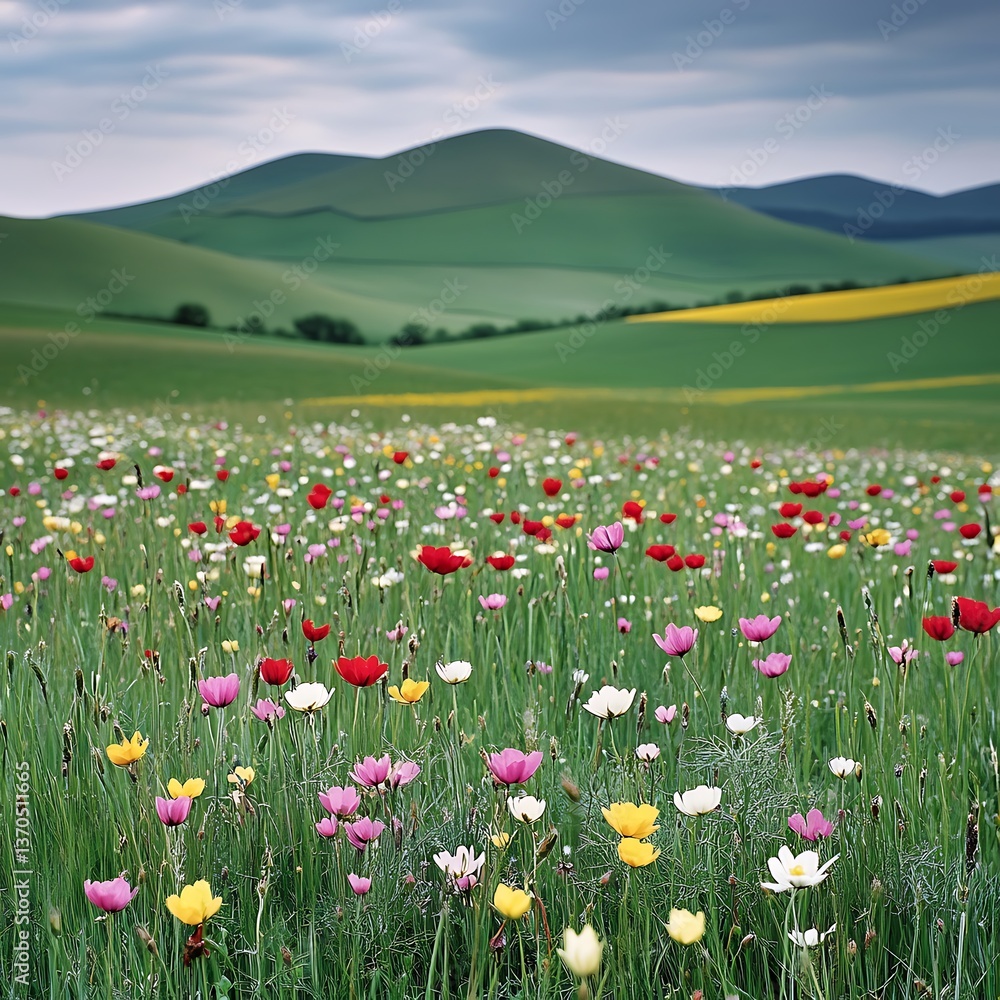 Fototapeta premium A charming field of colorful flowers blooming under bright sunlight surrounded by greenery