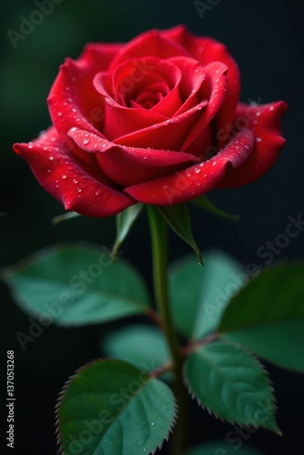 Close-up of a velvety red rose, beaded with rain, macro, rain drops, petals