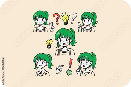 Girl with Ideas: Creative Process, Questioning, Solution, Vector Illustration of Thought and Discovery in a Playful Style.