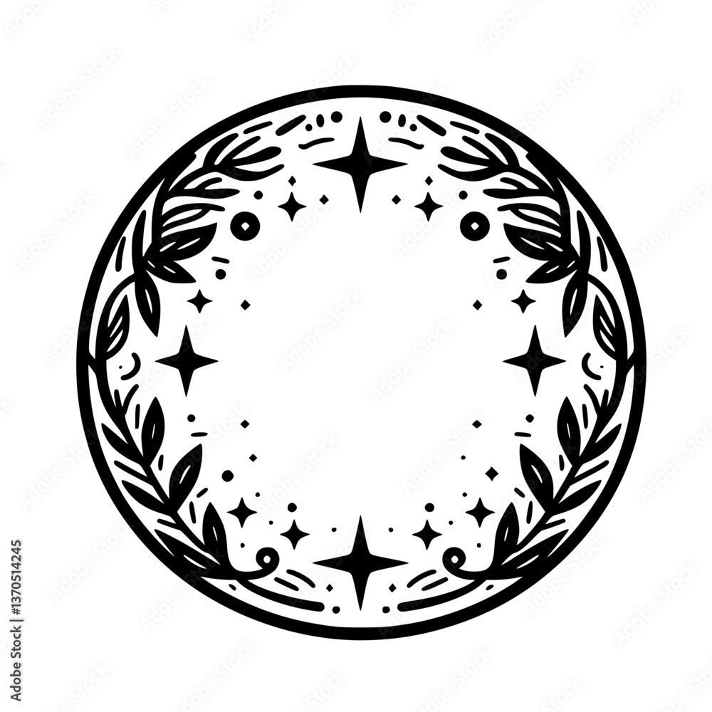 Naklejka premium Celestial Botanical Circle Frame - Minimalist Black & White Illustration